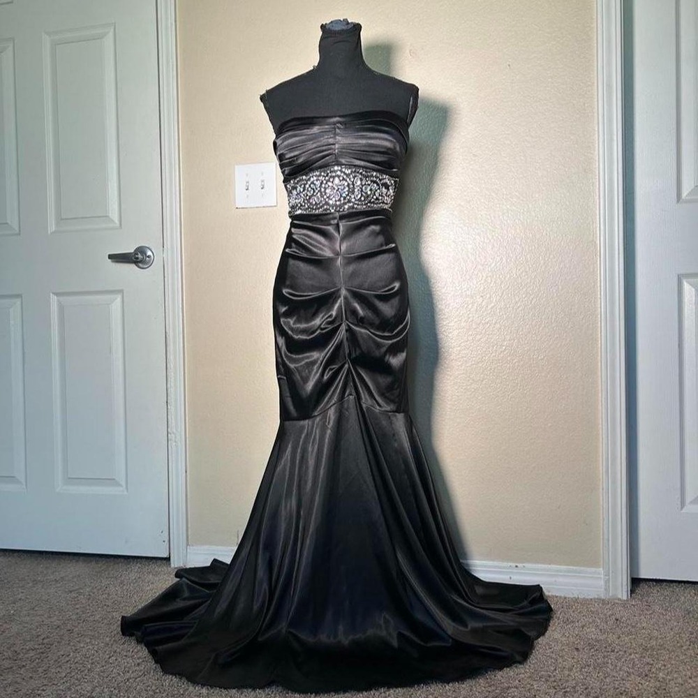 B Darlin Vintage Y2K Black Satin Rhinestone Mermaid Maxi Gown Dress 9/10